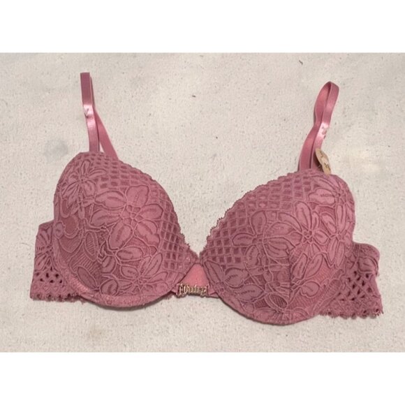 Juicy Couture 34C Pink Lace Push-Up Bra Adj Straps Sweetheart Charm Accent - Picture 14 of 16